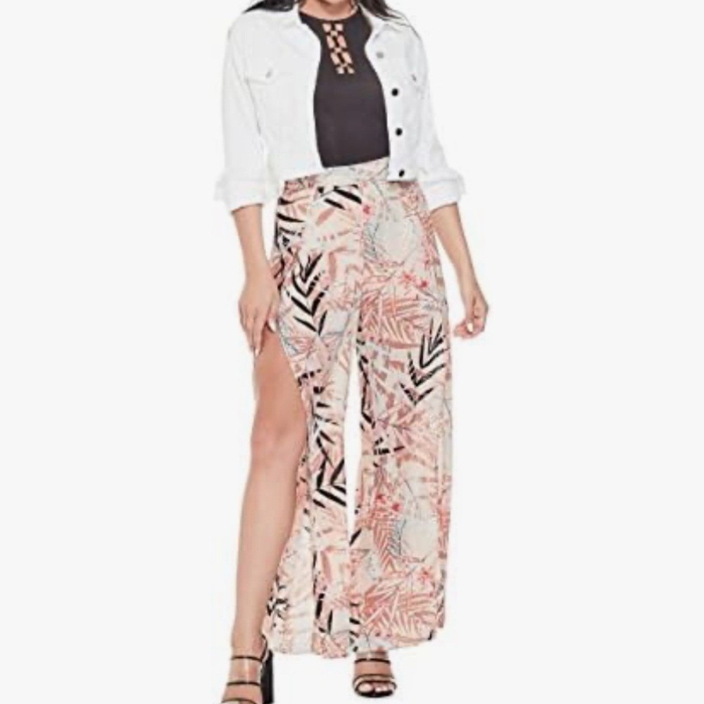 Guess Peach Tropical Palm Print High Slit Wide Leg Pants Women L Build-in Short